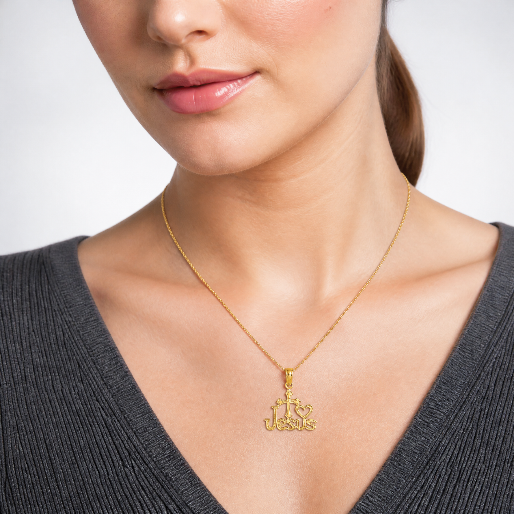 14K JESUS W/ Cross and Heart Charm - Model Shot