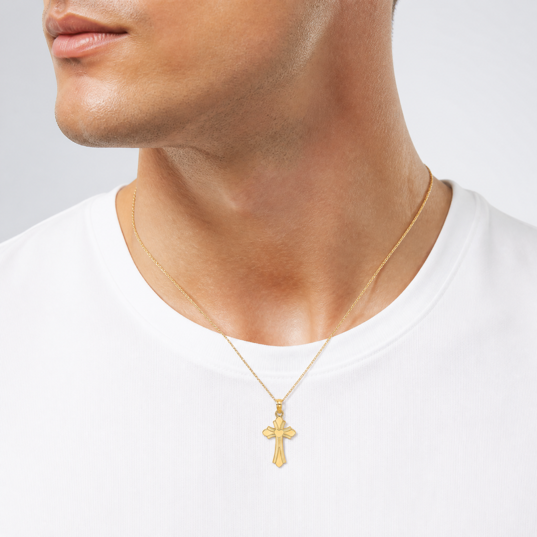 14K Polished Cross w/ Heart Charm - Model Shot