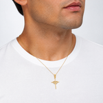 14K Polished Double Hearts On Stick Cross Charm - Model Shot