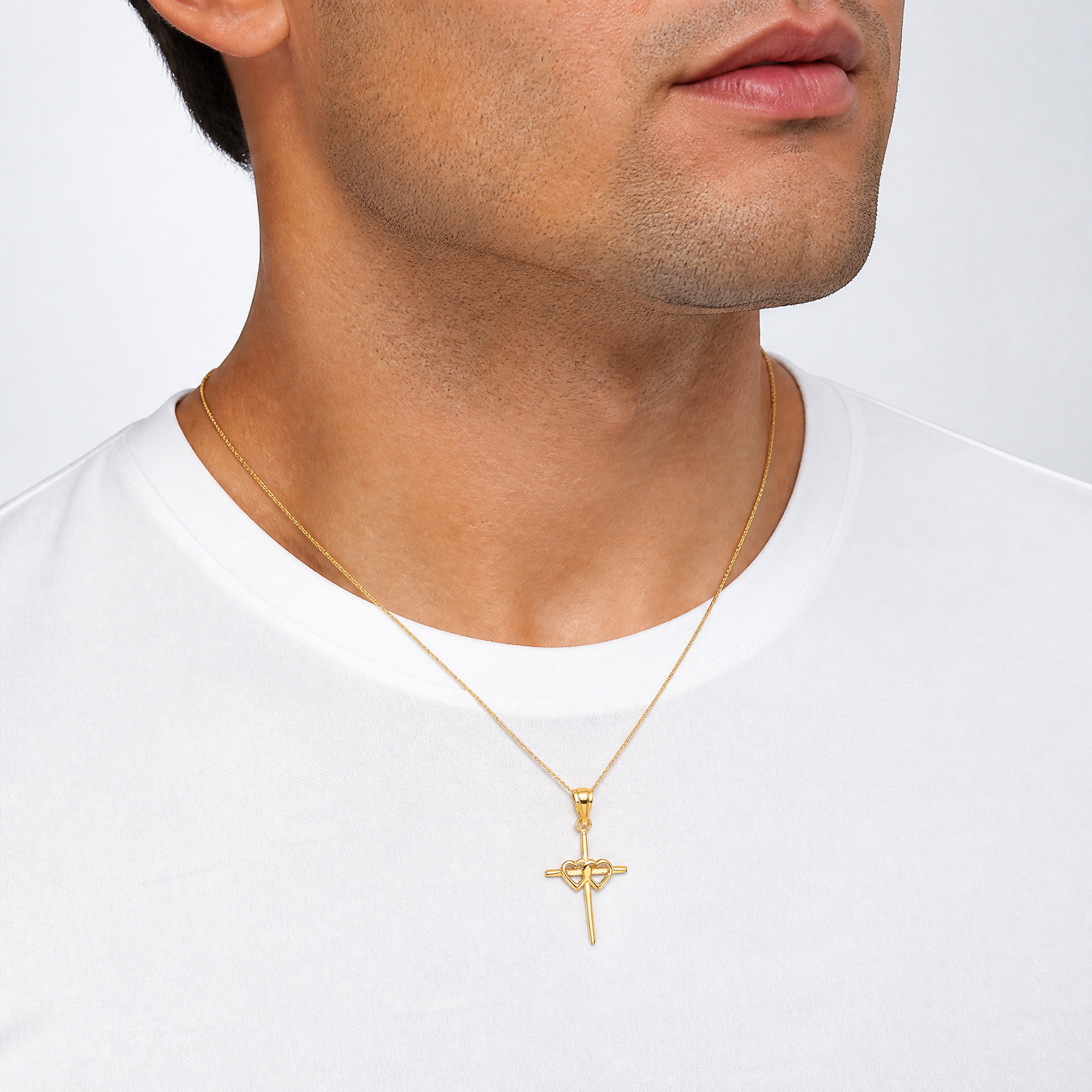 14K Polished Double Hearts On Stick Cross Charm - Model Shot