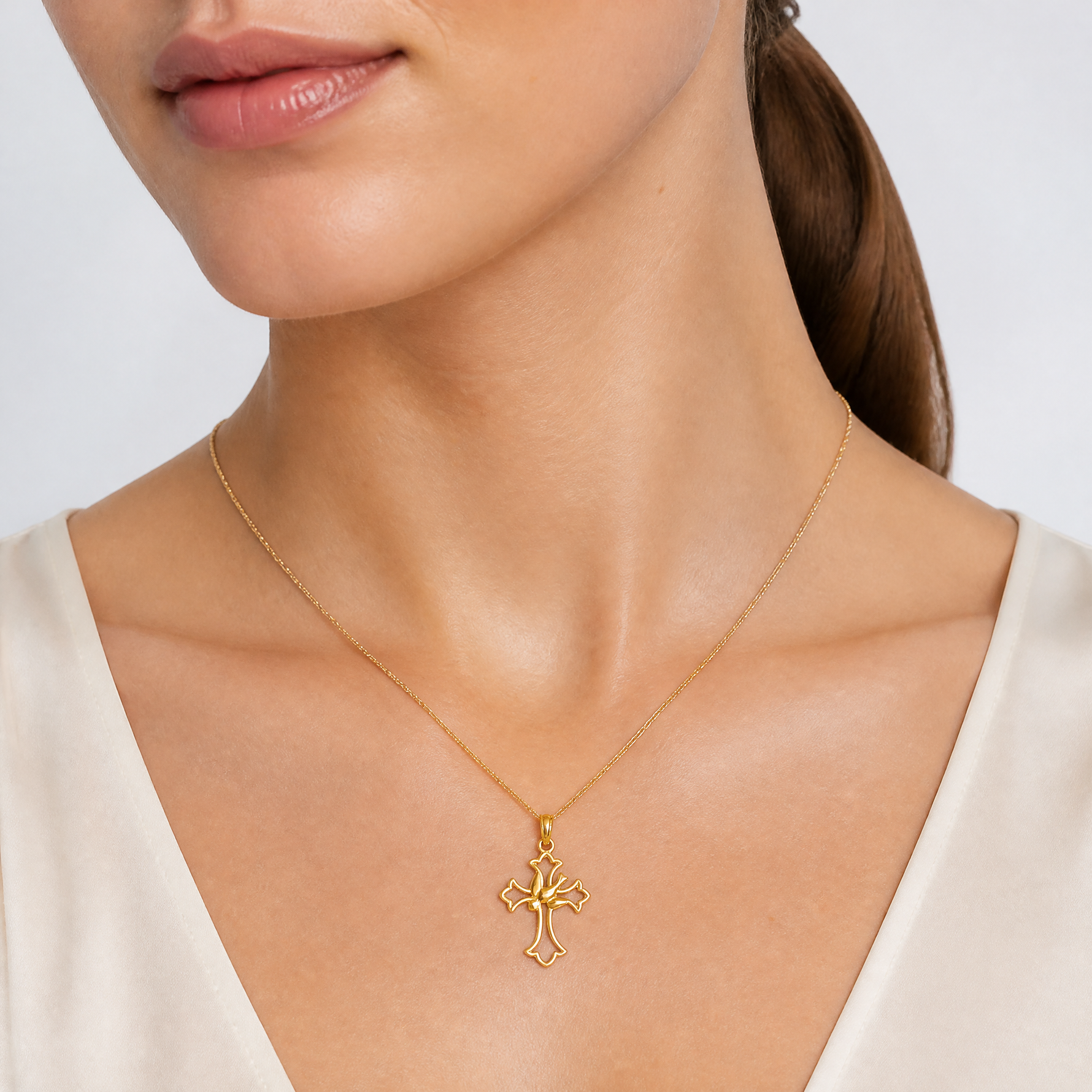 14K Cut-Out Dove Center Cross Charm - Model Shot