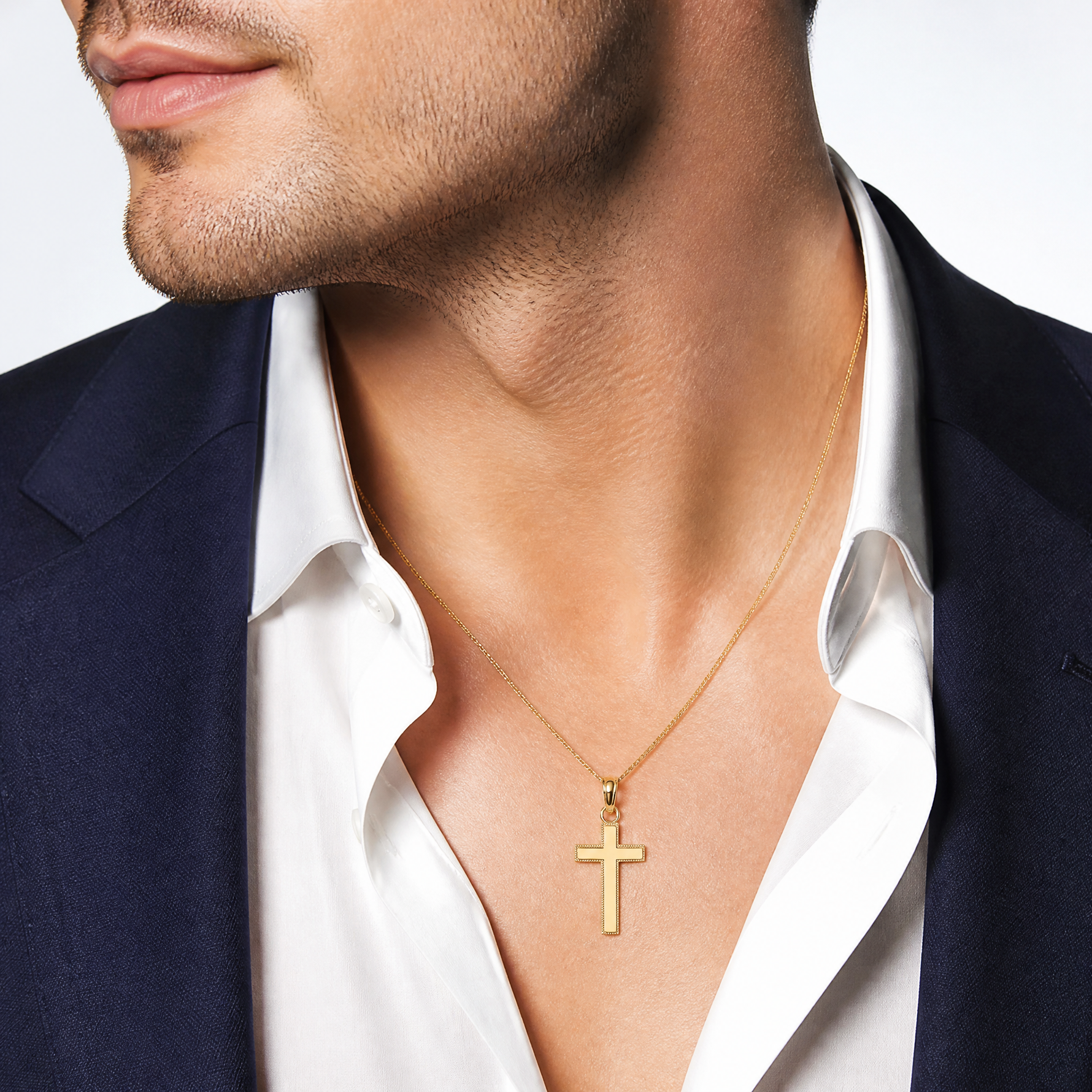 14K Polished Block Style Beaded Edge Cross Charm - Model Shot