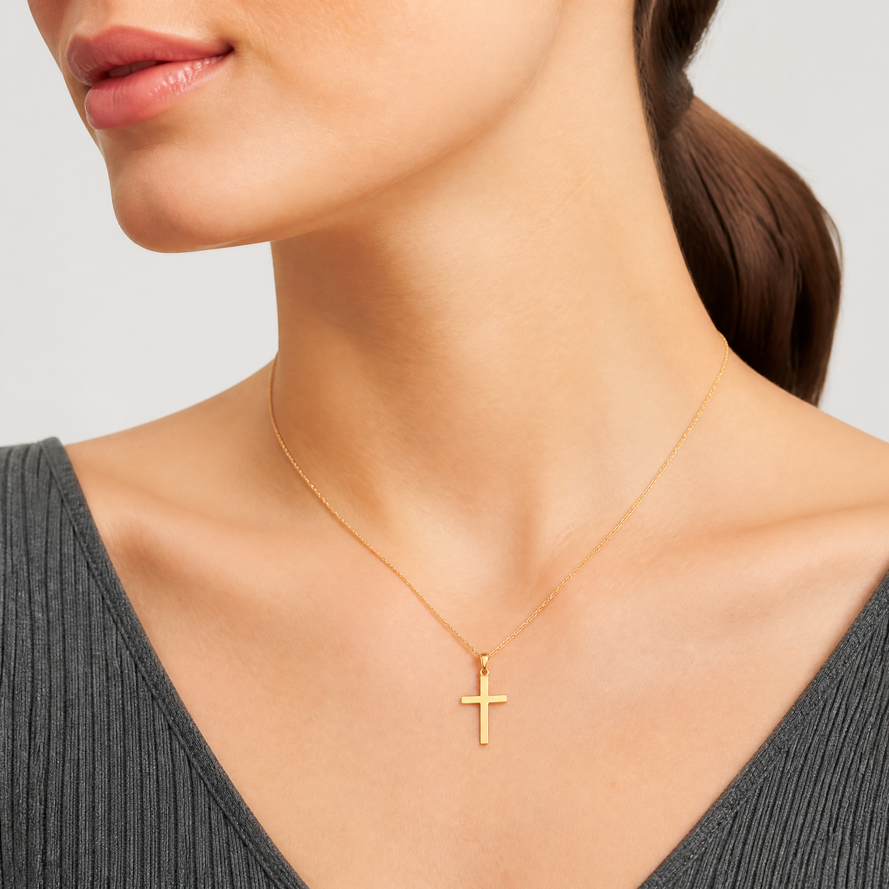 14K Polished Beveled Cross Charm - Model Shot