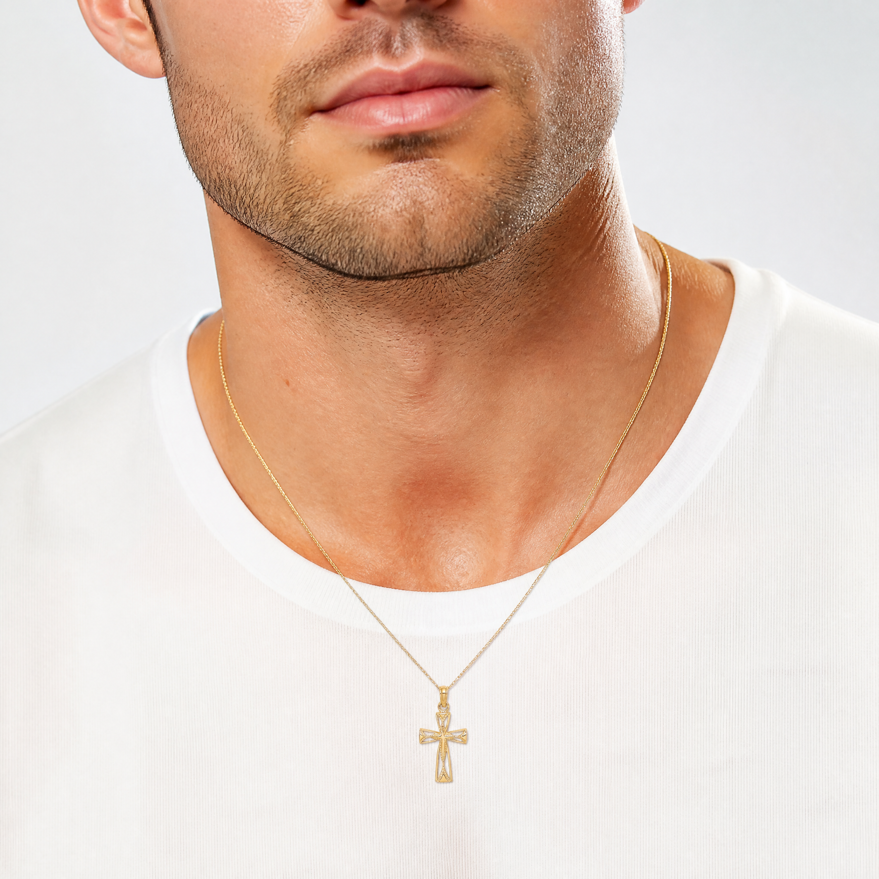 14K Cut-Out Cross w/ Triangle Ends Charm - Model Shot