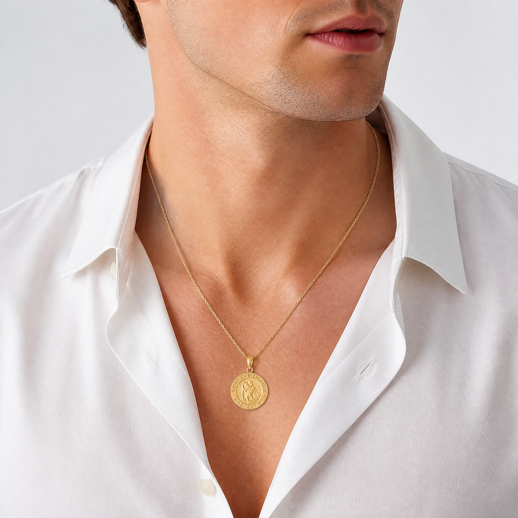 14K Polished / Satin Saint Christopher Medal Charm - Model Shot