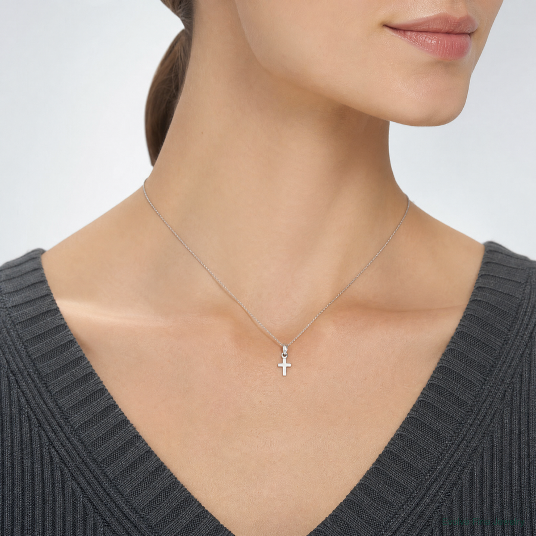 14K White Gold 3-D and Polished Mini Cross Charm - Model Shot
