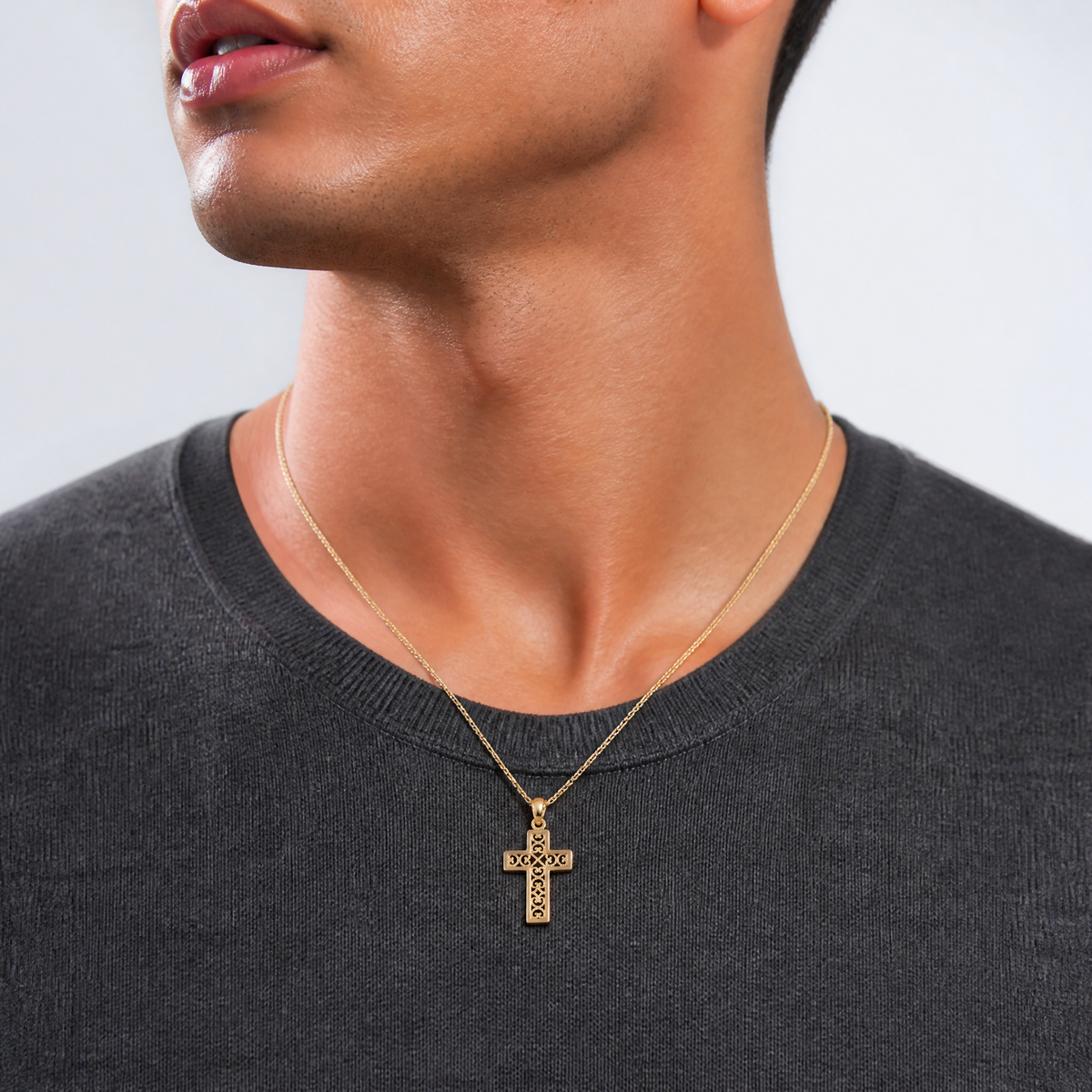 14K Textured Lace Center Cross Charm - Model Shot