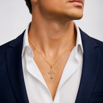 14K Lace Center Budded Cross Charm - Model Shot
