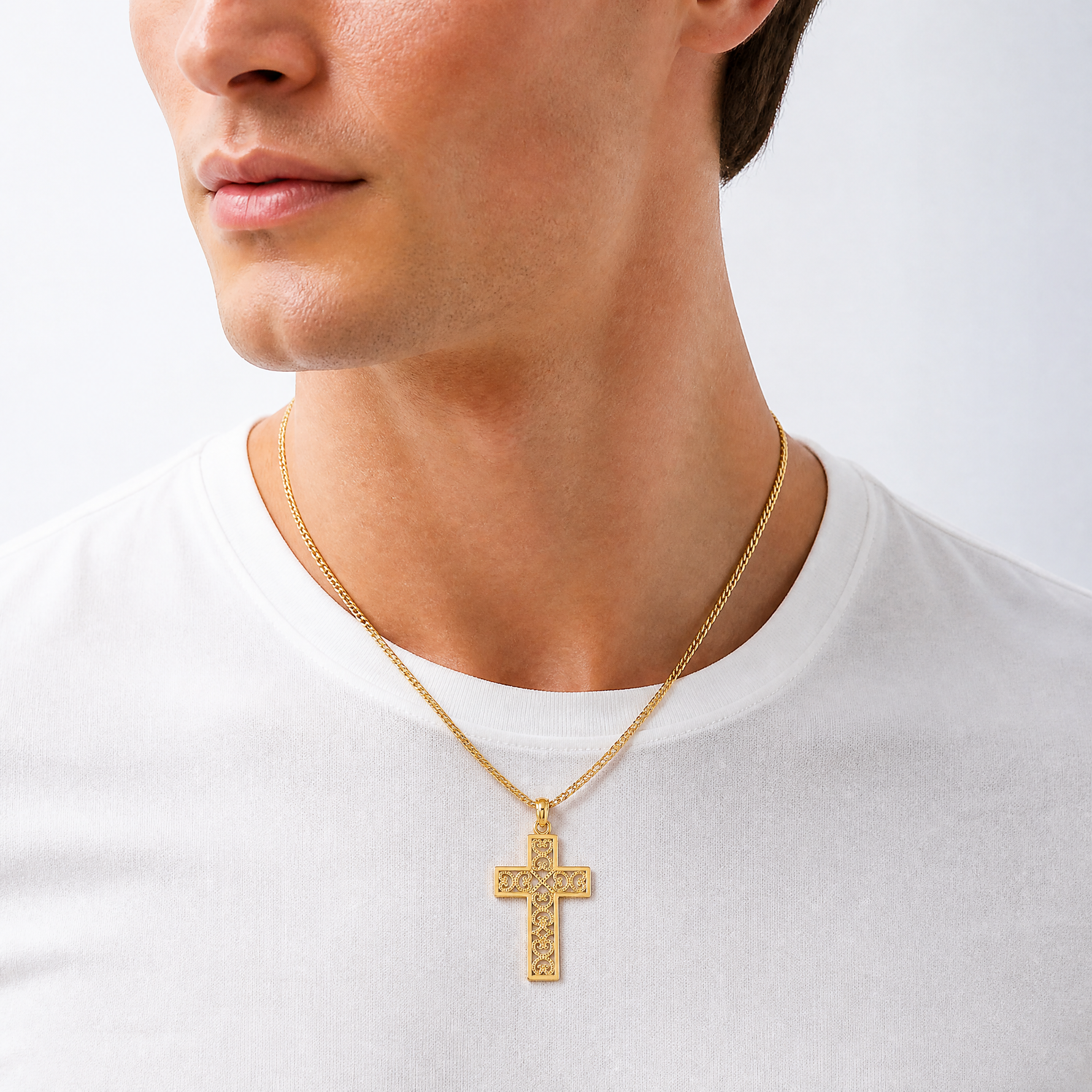 14K Polished Square Cross w/ Heart Design Charm - Model Shot