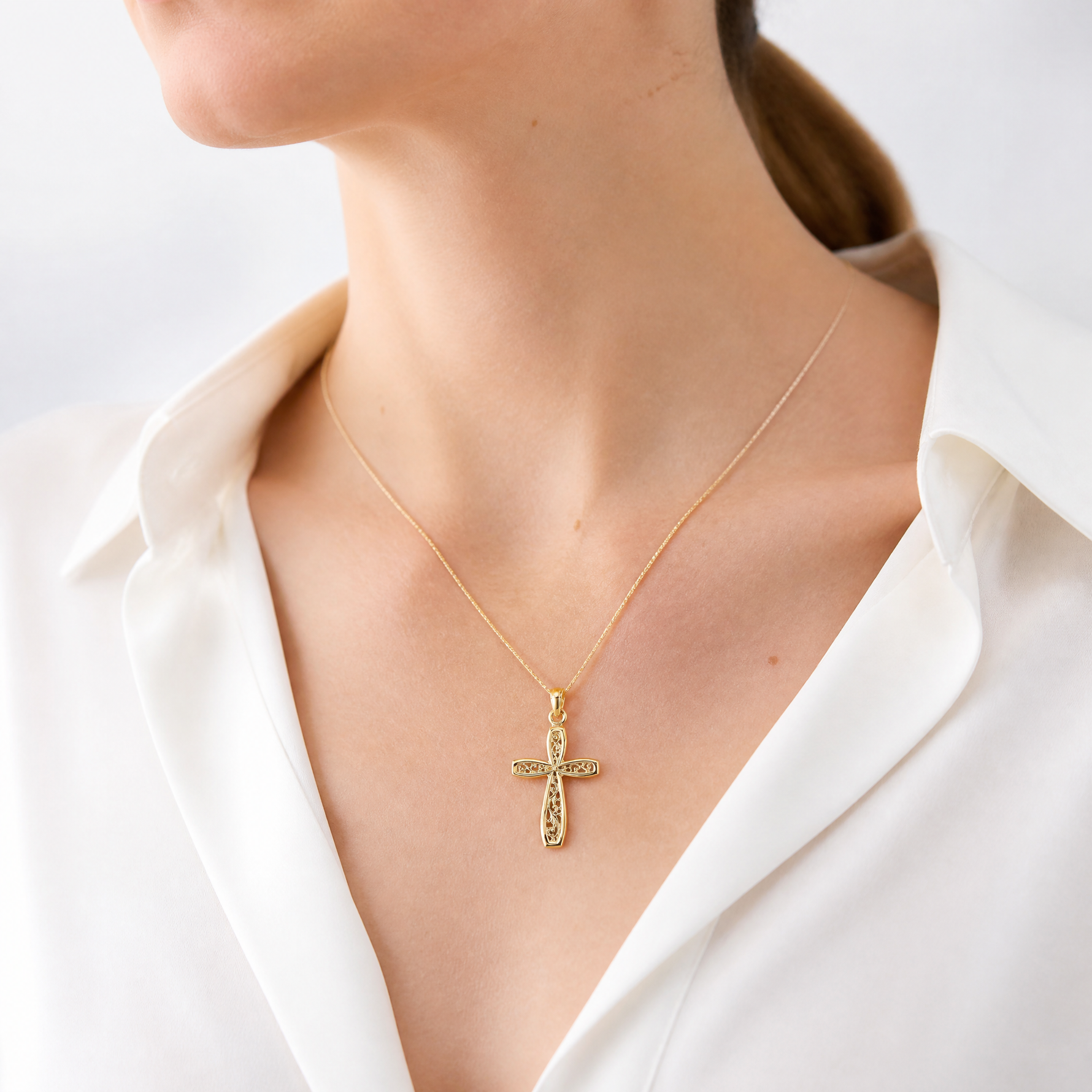 14K Cross w/ Filigree Center Charm - Model Shot