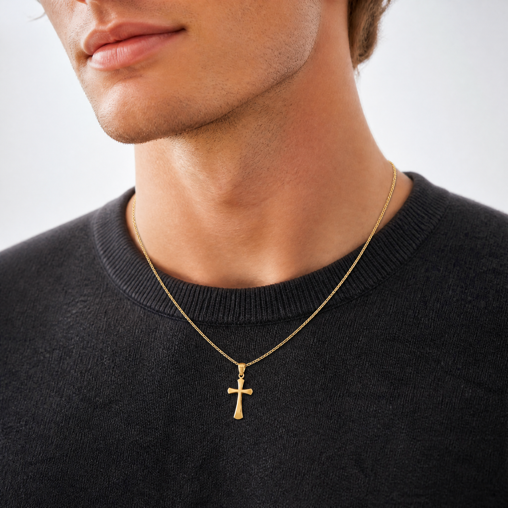 14K Polished Beveled Cross w/ Round Tips Charm - Model Shot