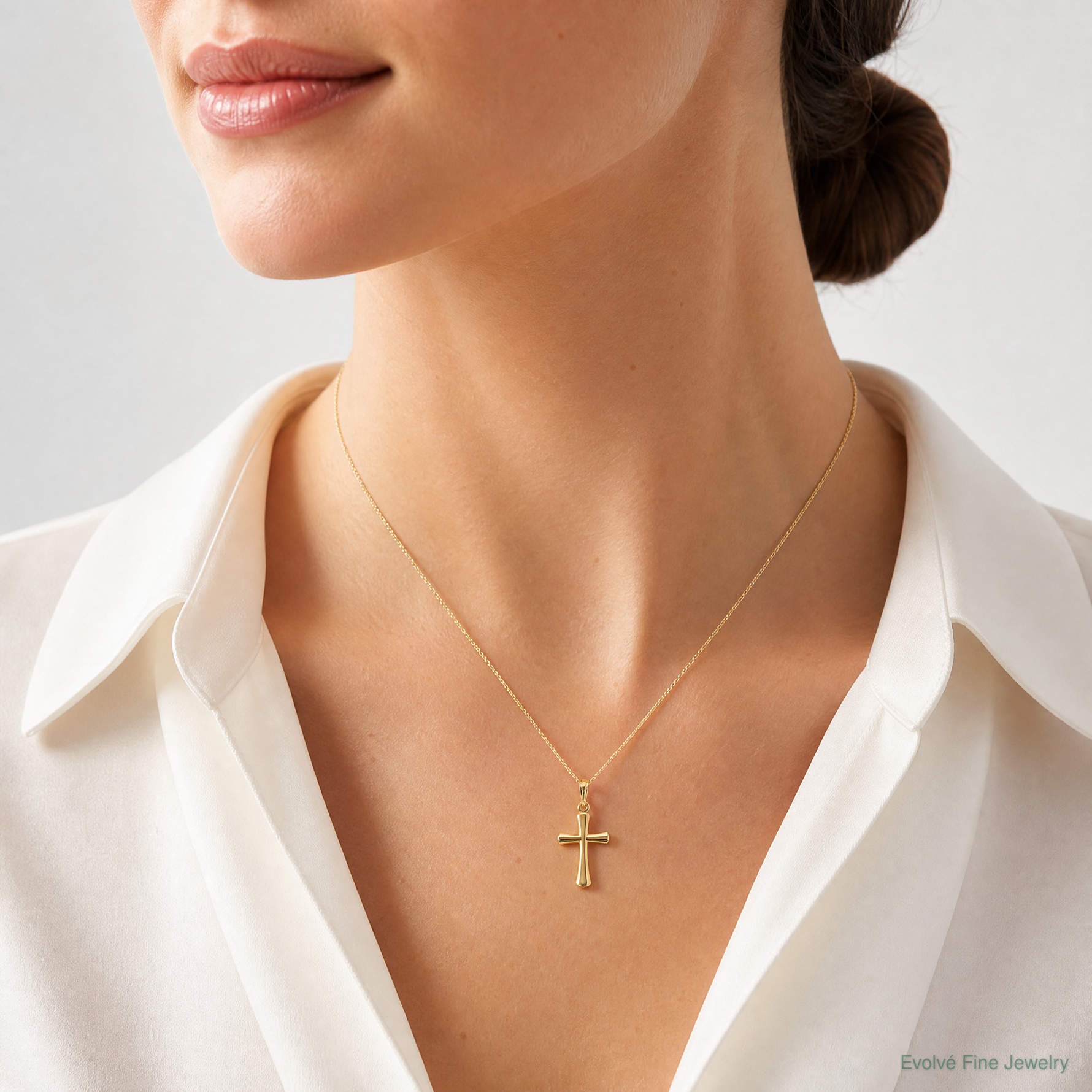 14K Polished Beveled Cross w/ Round Tips Charm - Model Shot