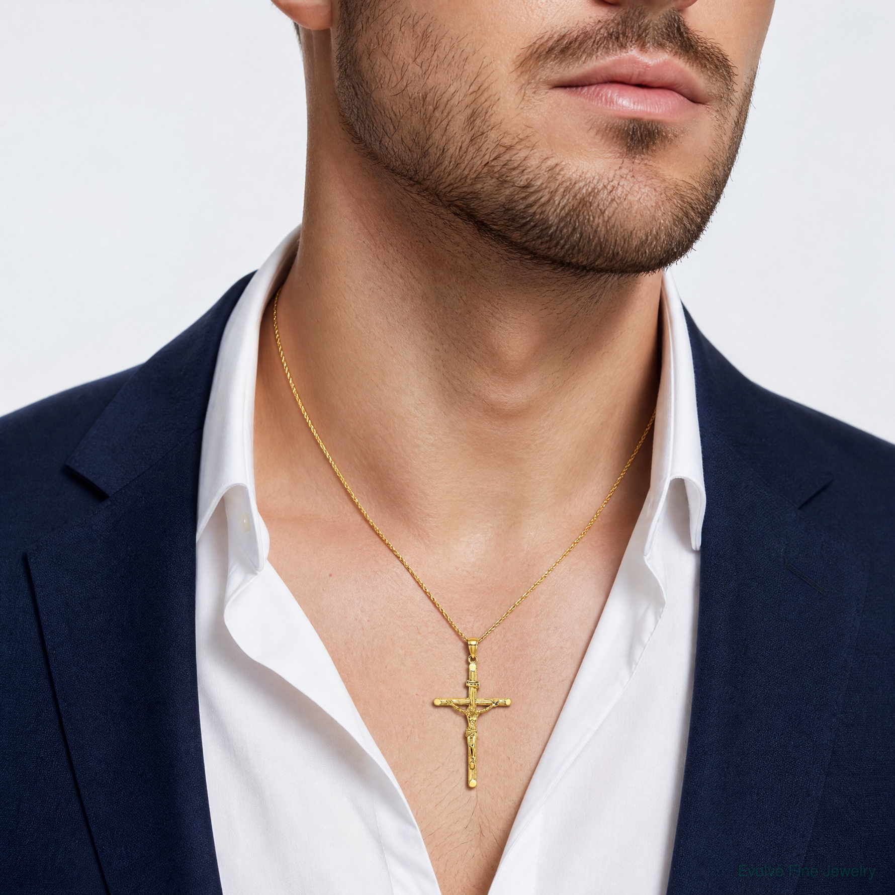 14K Textured Crucifix Charm - Model Shot