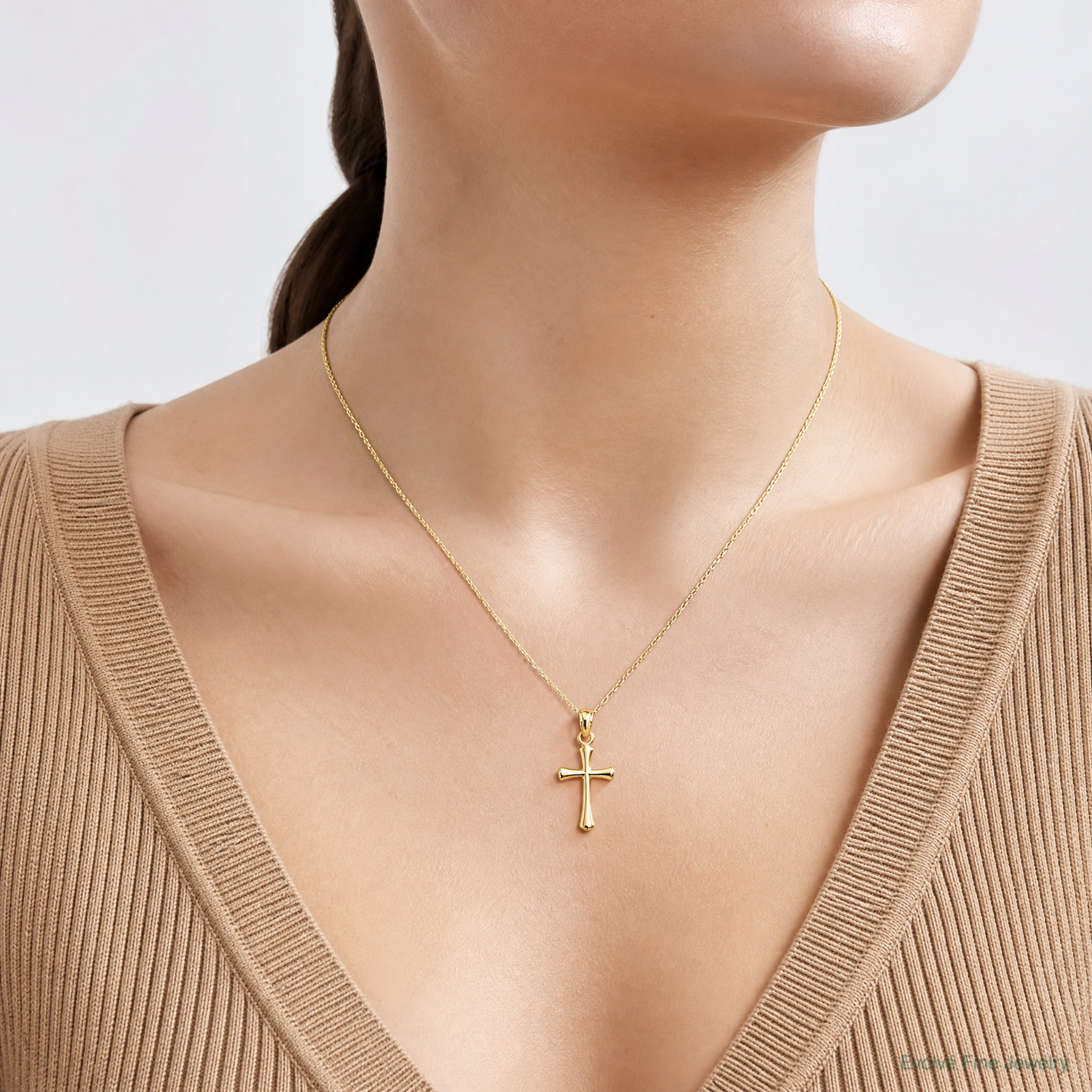 14K Polished Beveled Cross w/ Round tips Charm - Model Shot