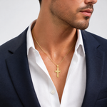 14K Textured Leaves On Edges Cross Charm - Model Shot