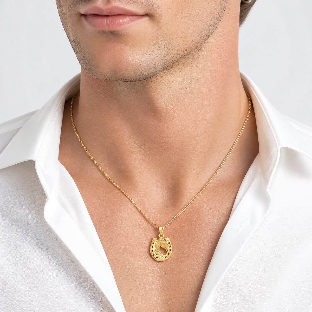 14K Horse Head In Horseshoe w/ Enameled Charm - Model Shot