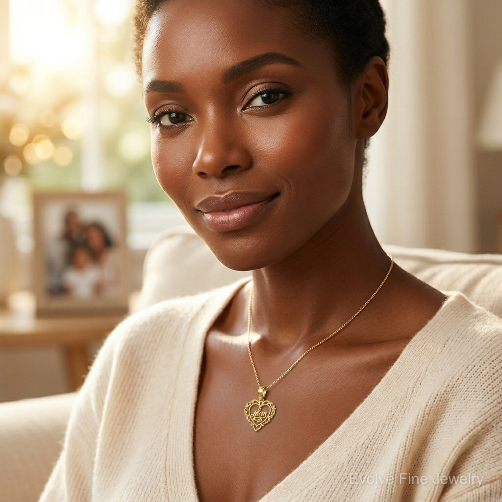 14K Polished MOM Dangle in Fancy Heart Pendant - Model Shot