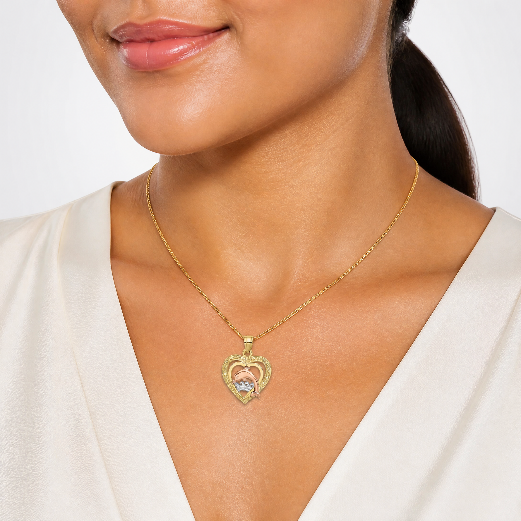 14K Two-tone w/White Rhodium Dolphin In Heart Charm - Model Shot