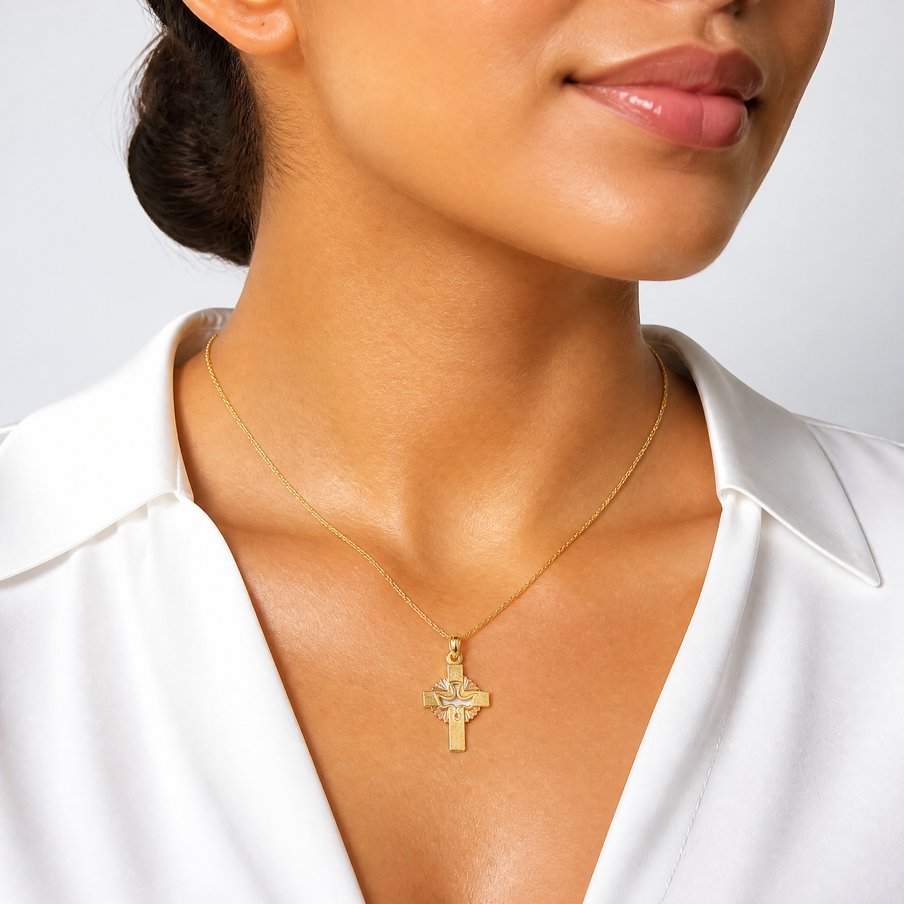 14K Two-Tone Cut-Out Dove On Cross Charm - Model Shot