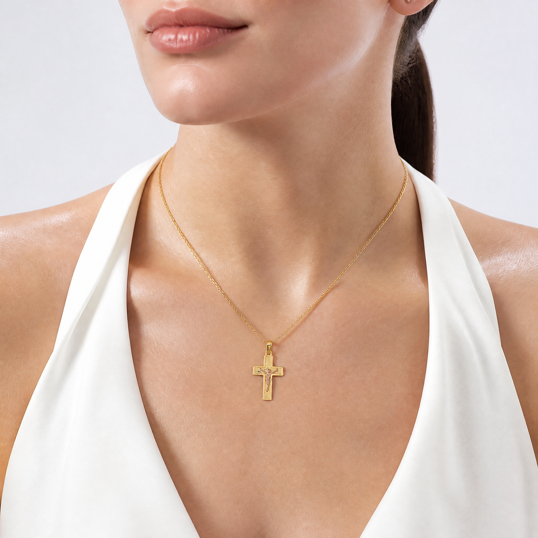 14K Two-Tone Latin Crucifix Charm - Model Shot