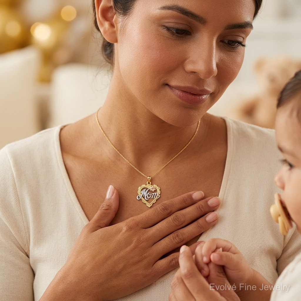 14k Two-tone w/White Rhodium MOM in Heart Charm - Model Shot