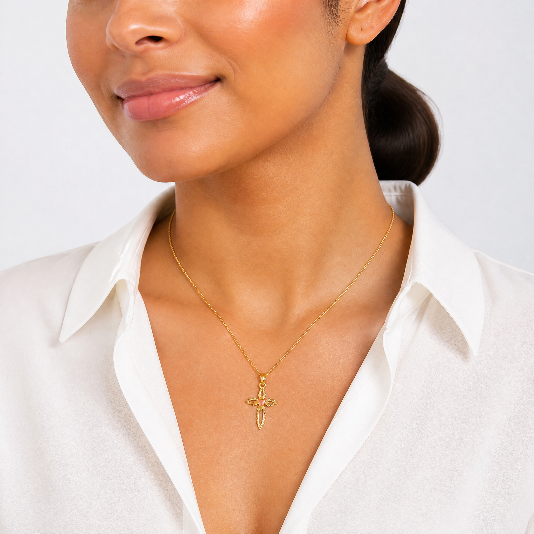 14k Two-Tone Cross w/ Heart Charm - Model Shot