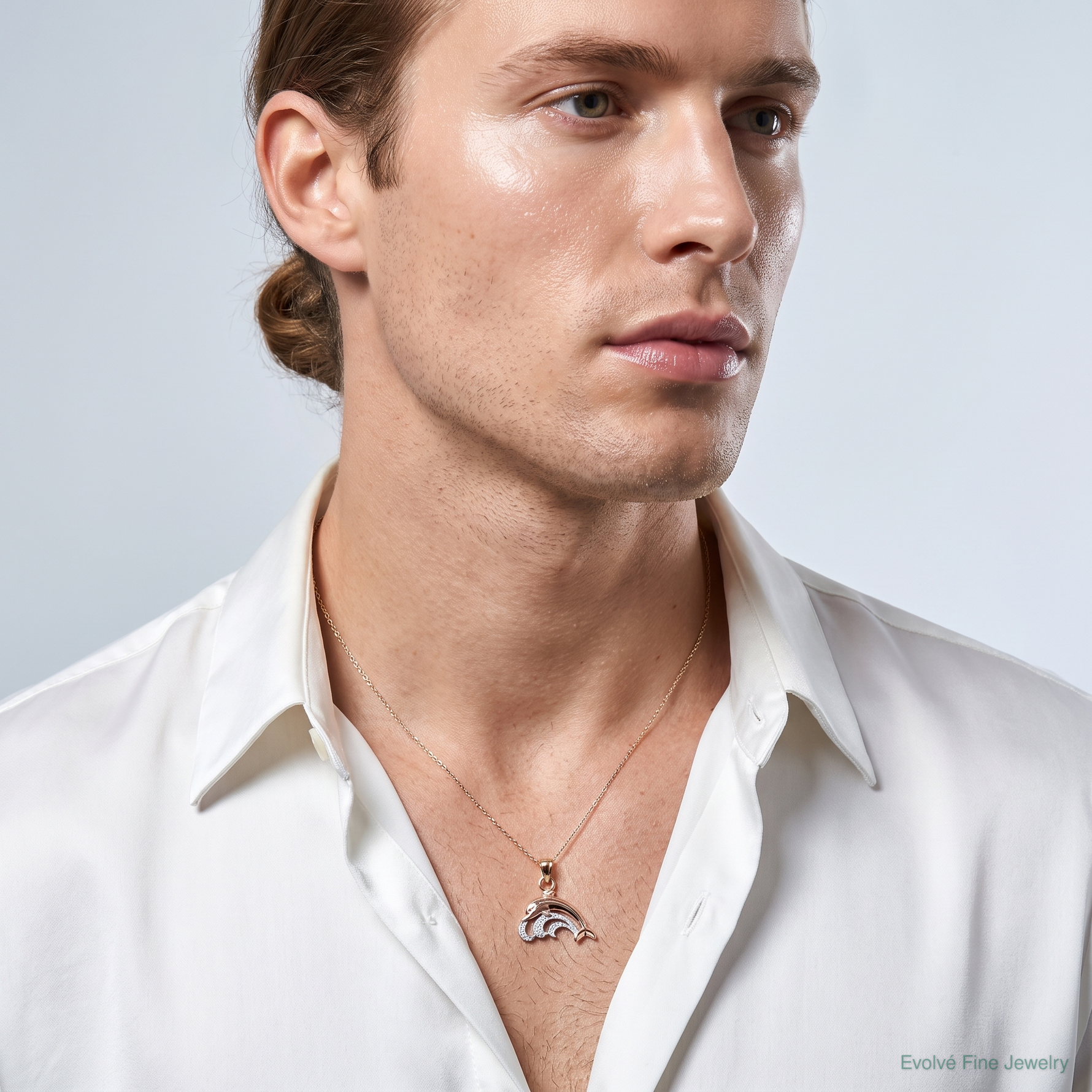 14K Two-Tone W/White Rhodium Dolphin and Wave Charm - Model Shot