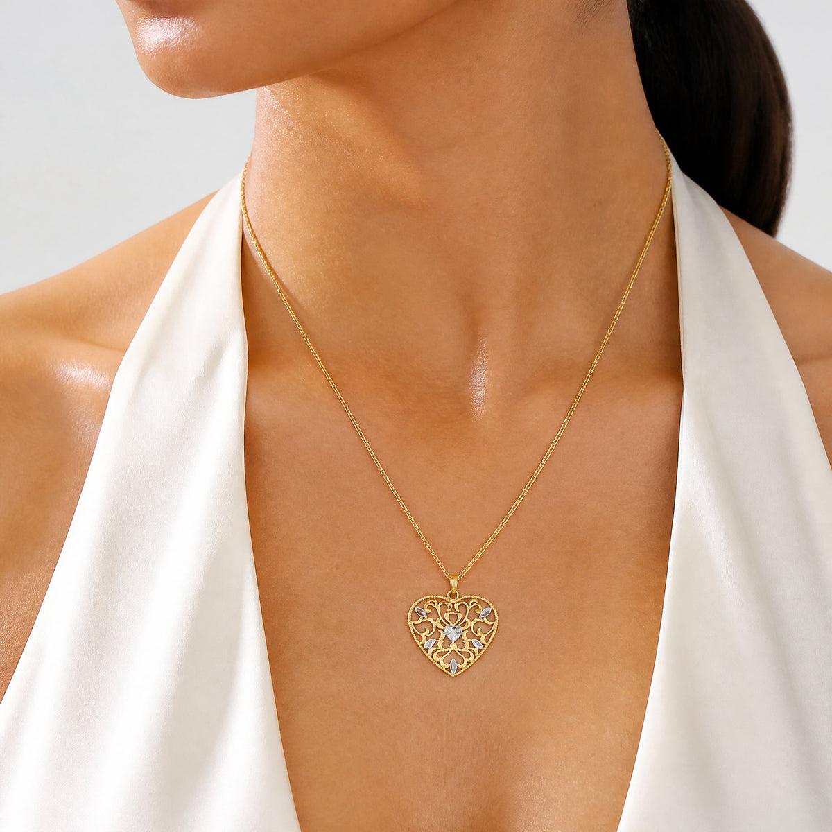 14k w/Rhodium Filigree Leaf Accent Heart Charm - Model Shot
