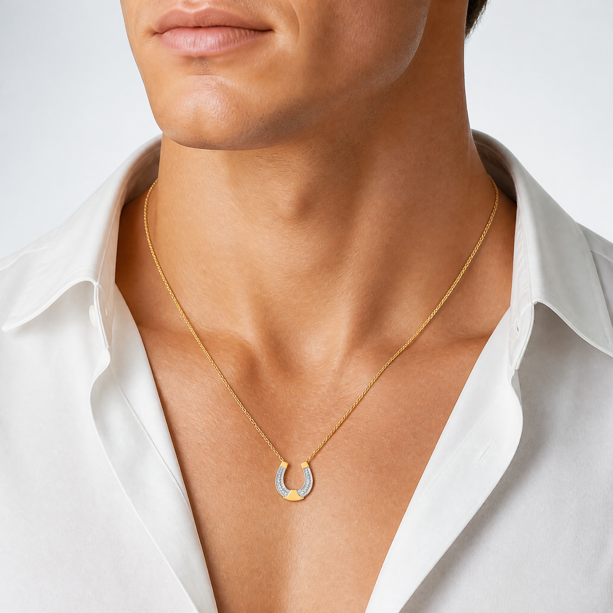 14k w/ Rhodium Horseshoe Chain Slide Charm - Model Shot
