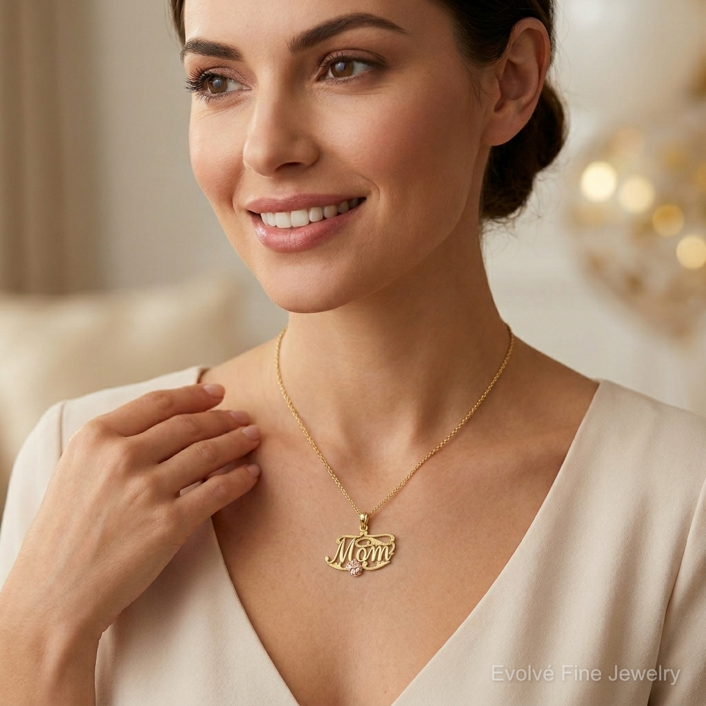 14k Two-Tone MOM Script w/ Flower Charm - Model Shot