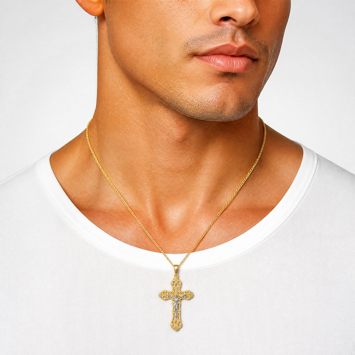 14K Two-tone Crucifix W/ Scrolled Tips Charm - Model Shot