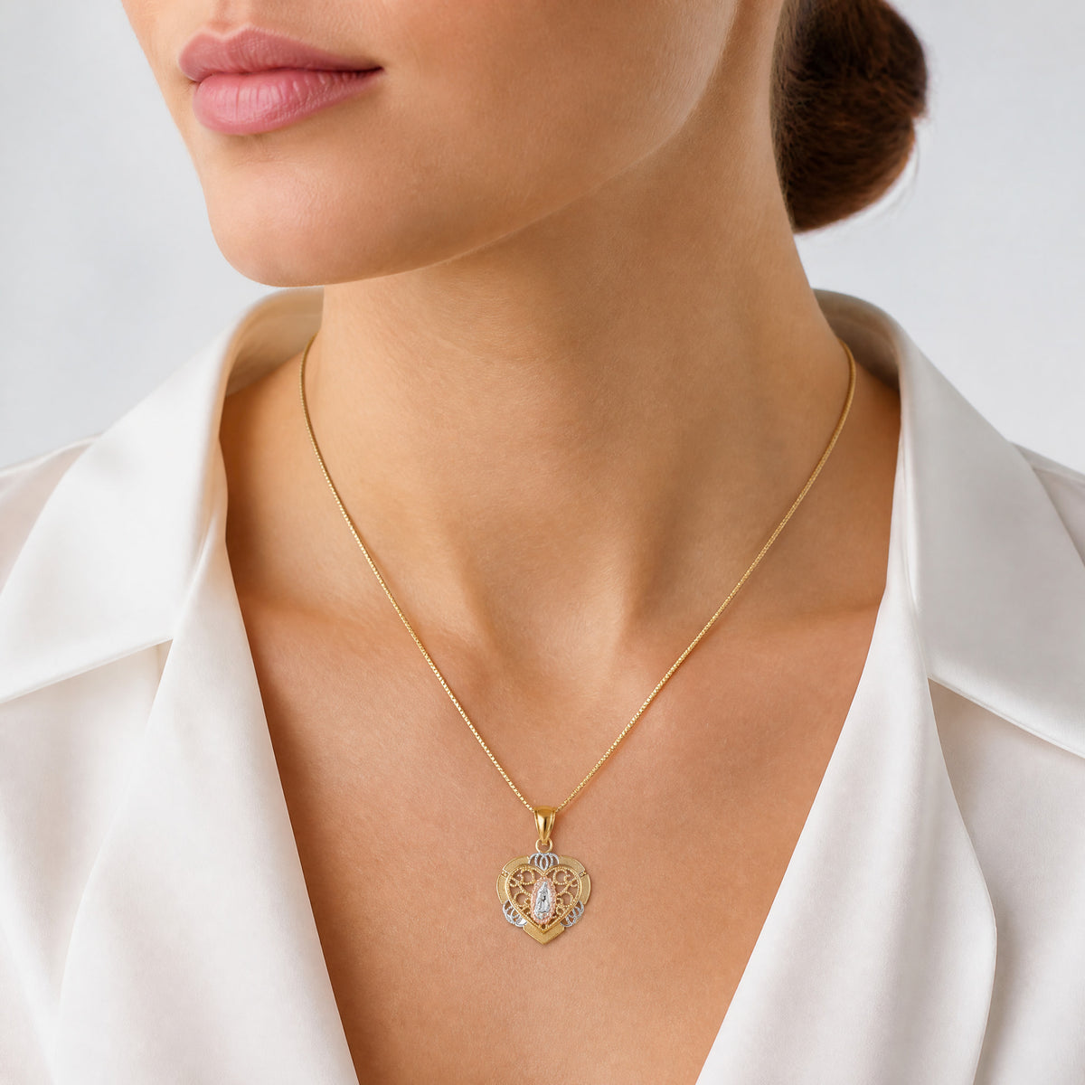 14KTwo-tone w/White Rhodium Guadalupe In Heart Charm - Model Shot