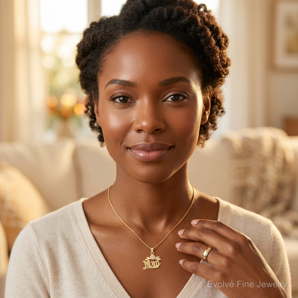 14k Two-Tone Textured Scroll w/ Flower MOM Charm - Model Shot