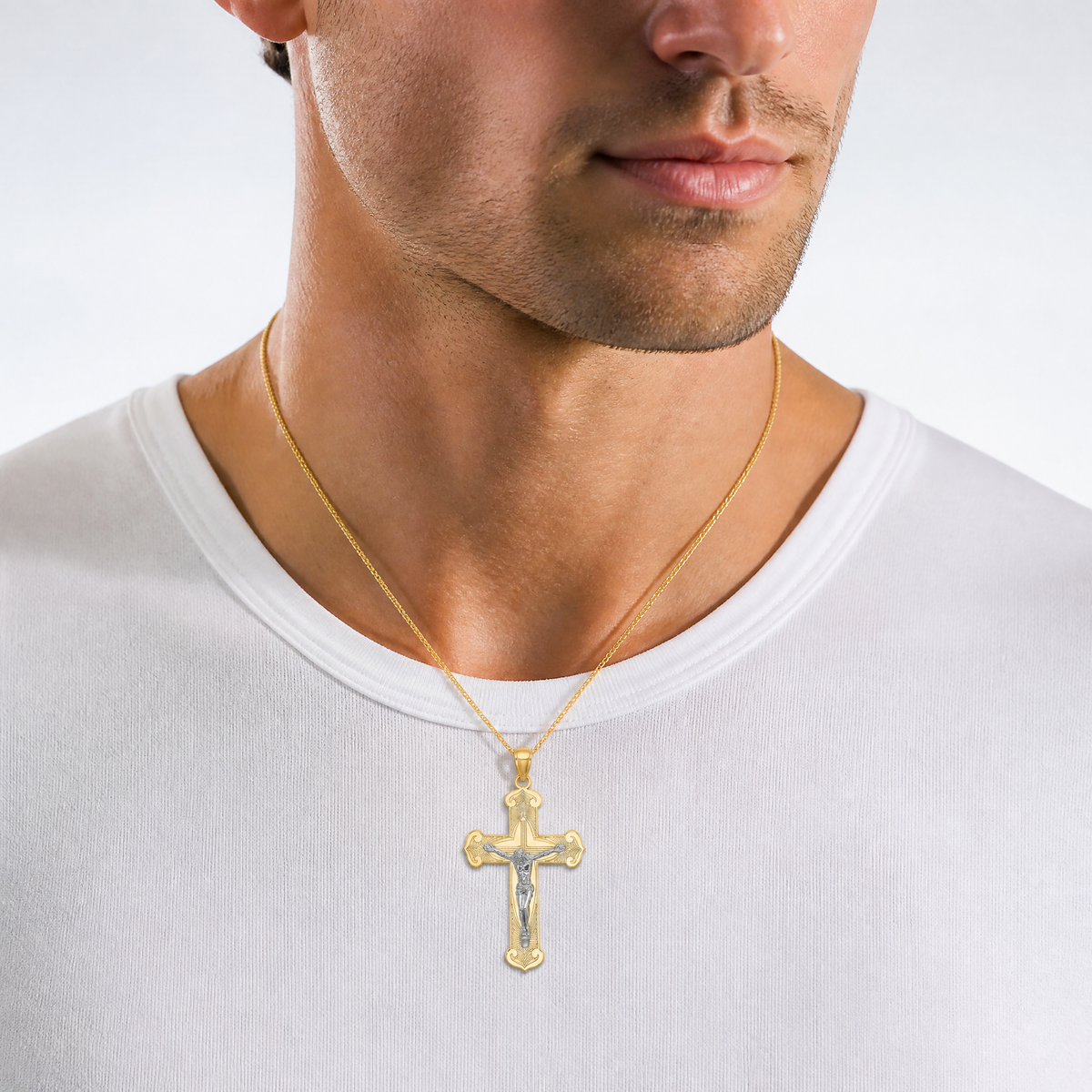 14K Two-tone Engraved Crucifix Charm - Model Shot
