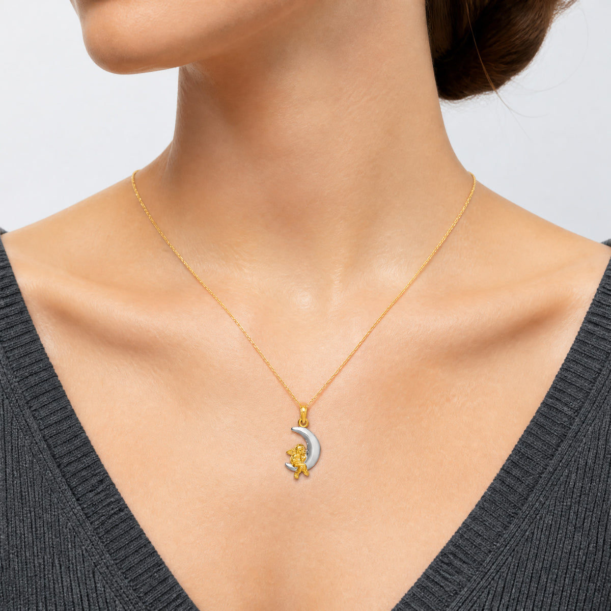 14K w/Rhodium 3-D Angel on Moon Charm - Model Shot
