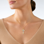 14K W/ Rhodium Scalloped Edges Cross Charm - Model Shot