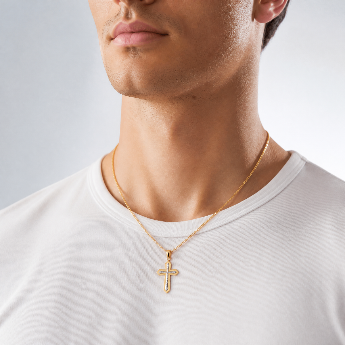 14K W/ Rhodium Center Cross Charm - Model Shot