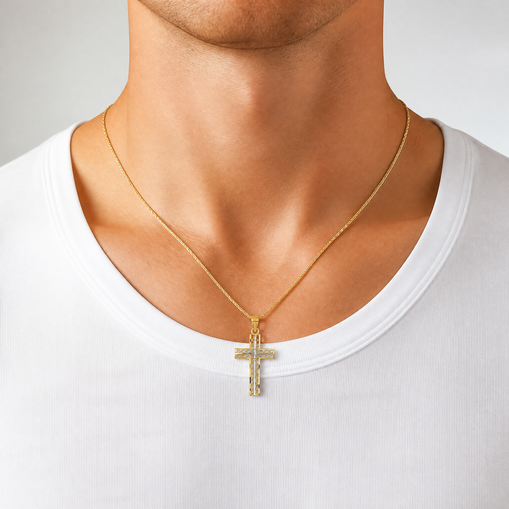 14K W/ Rhodium Cross Charm - Model Shot