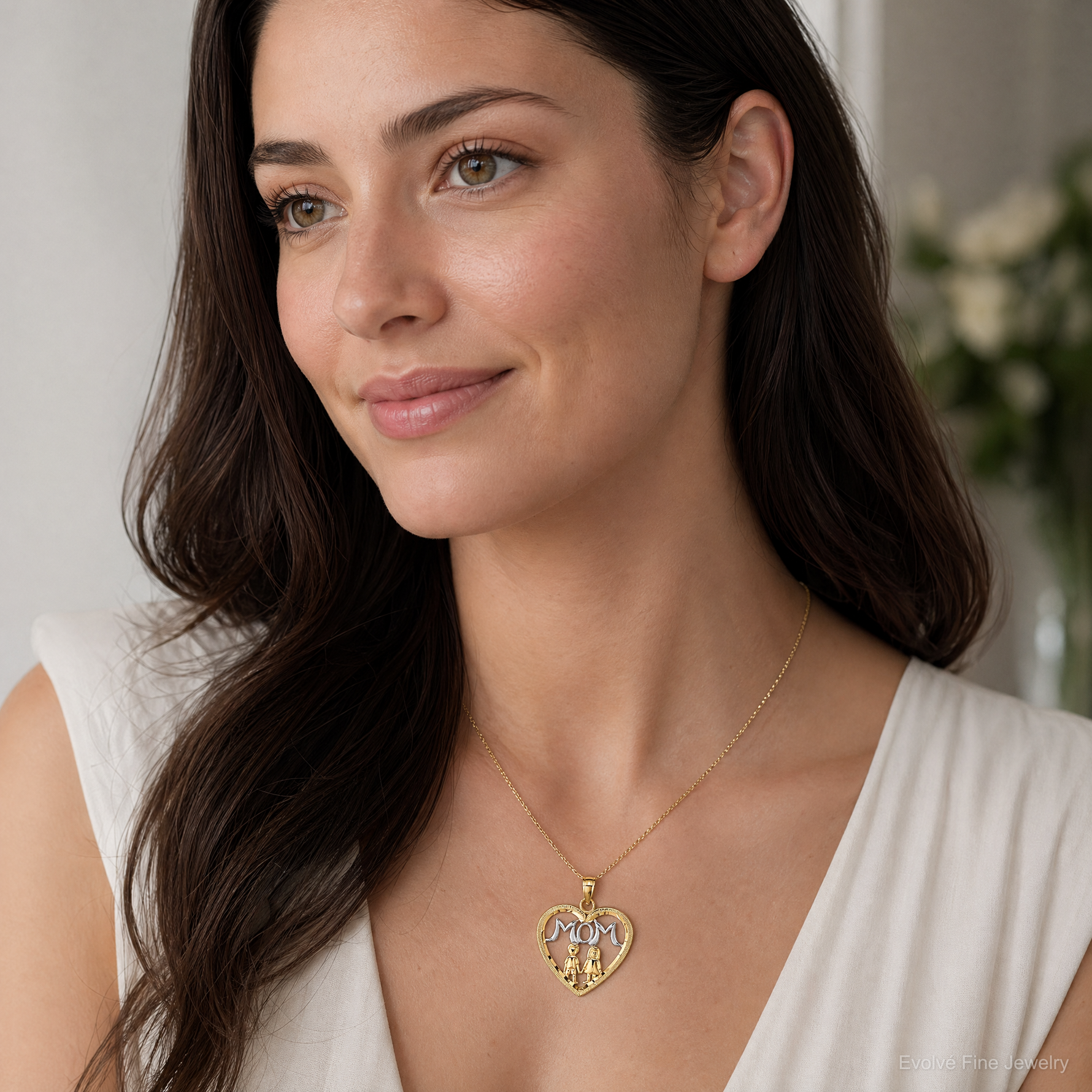 14k w/ Rhodium MOM Heart with 2 Kids Charm - Model Shot