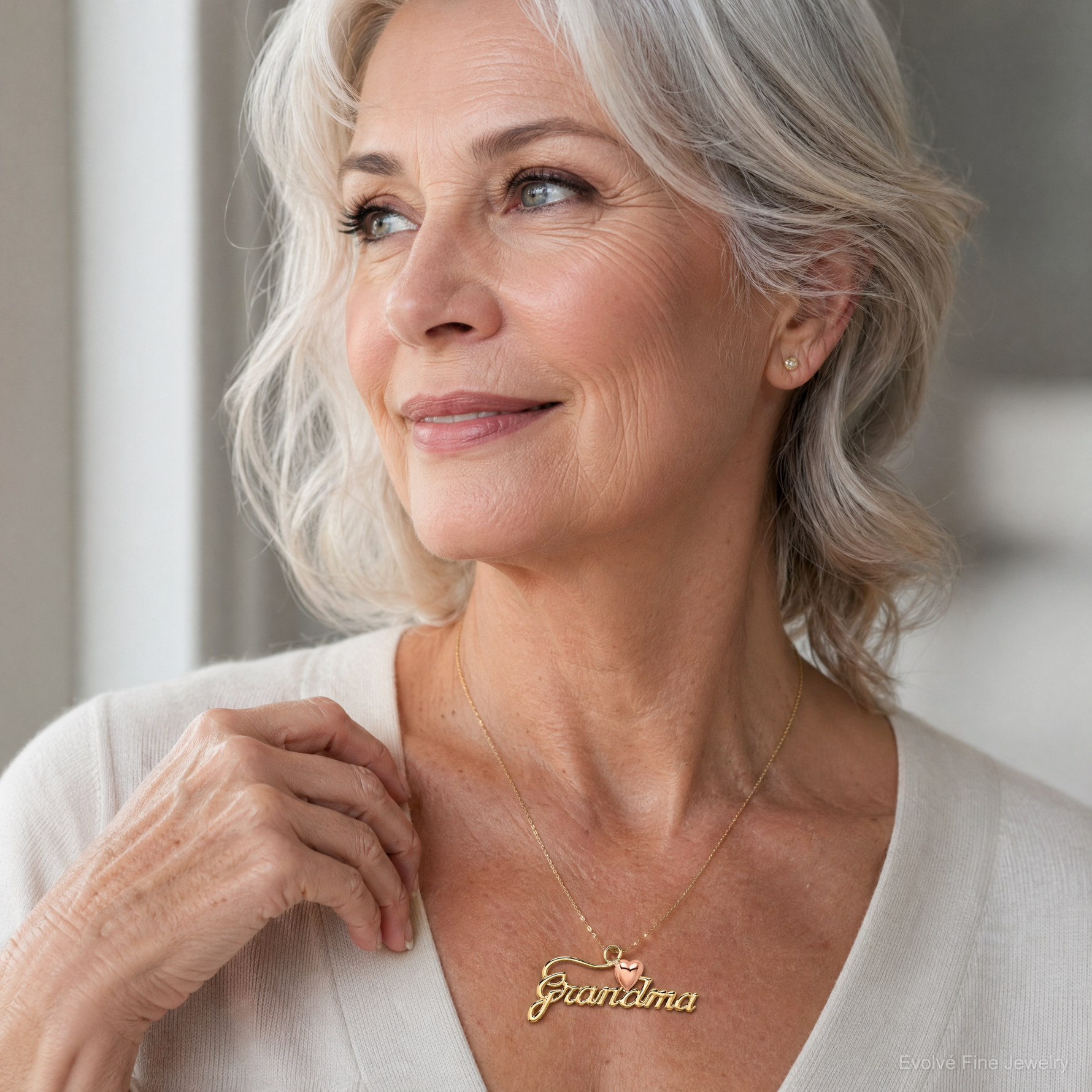14k Two-Tone GRANDMA w/ Heart Charm - Model Shot