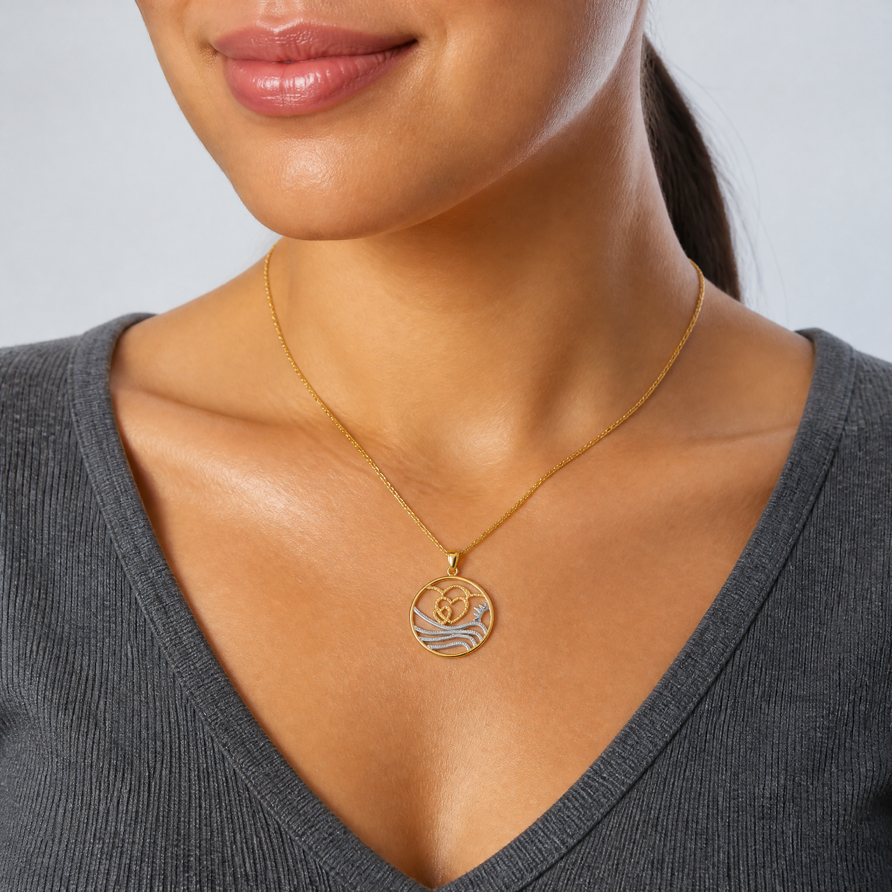 14k w/Rhodium Sun, Hearts ,Water Circle Charm - Model Shot