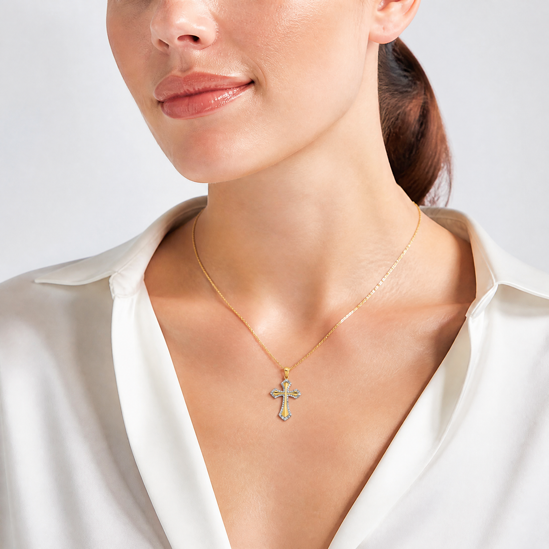 14K w/ Rhodium and D/C Reversible Cross Charm - Model Shot