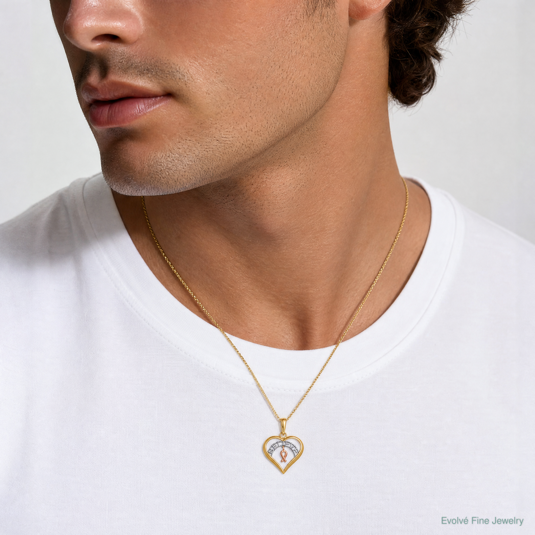14k Two-tone White Rhodium BELIEVE in Heart w/ Breast Cancer Ribbon - Model Shot