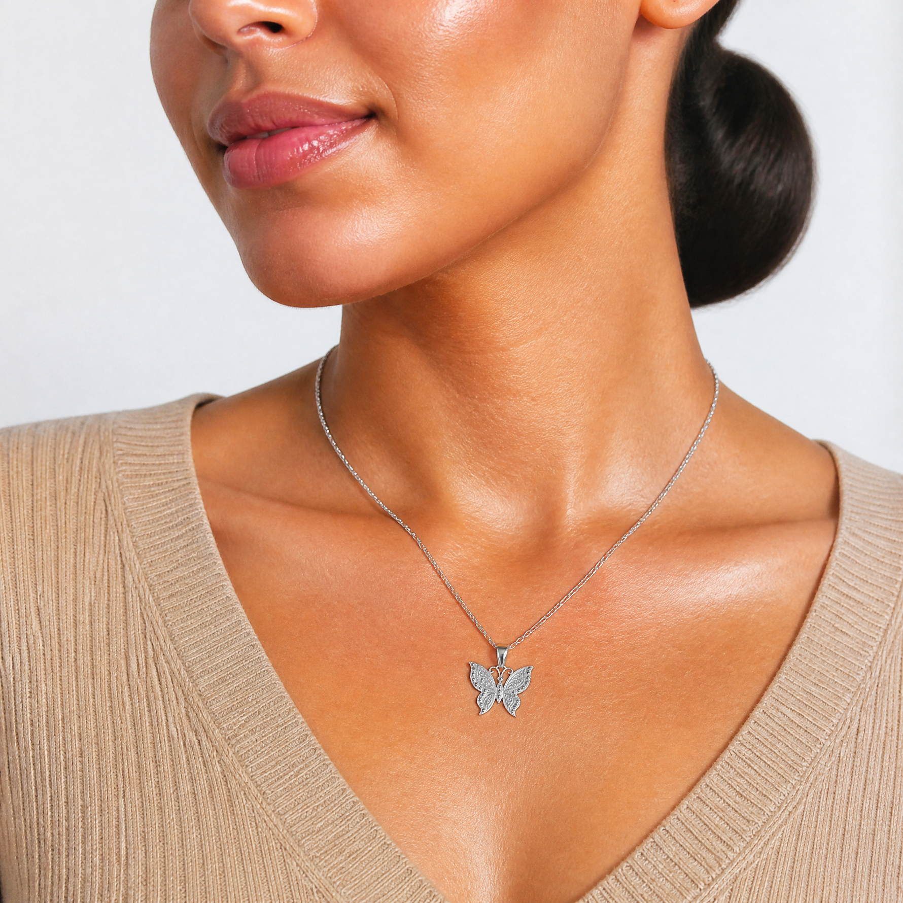 14K White Gold Butterfly Pendant - Model Shot