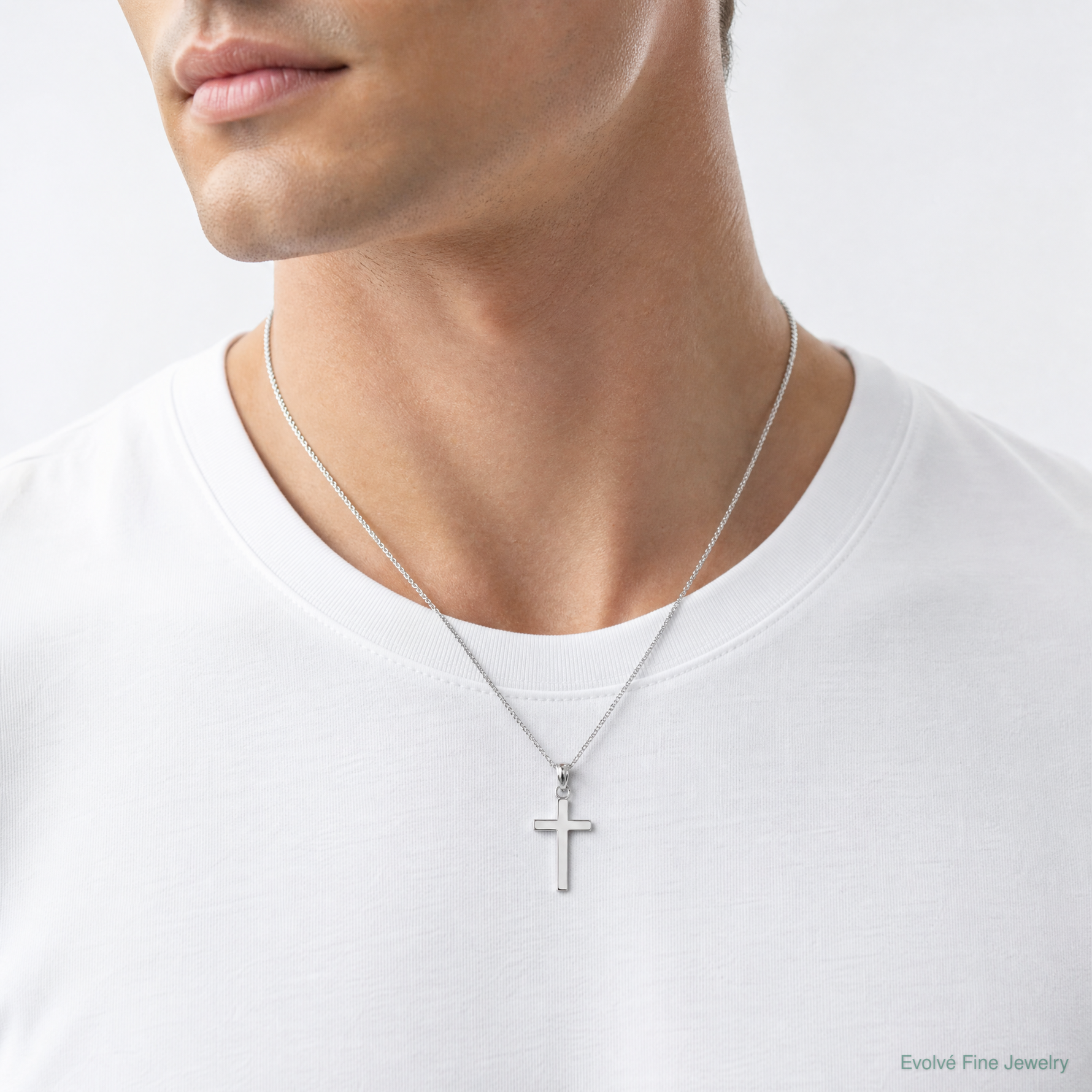 14k White Gold Polished Cross Pendant - Model Shot