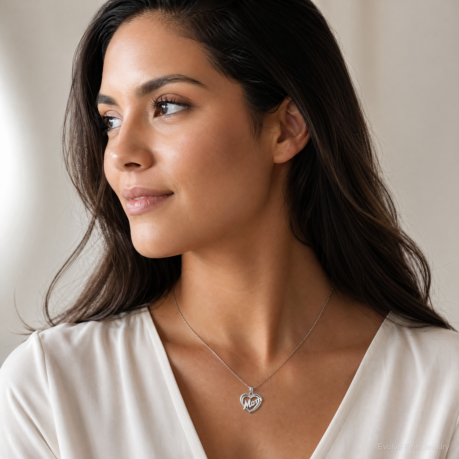 14K White Gold MOM Inside Heart Charm - Model Shot