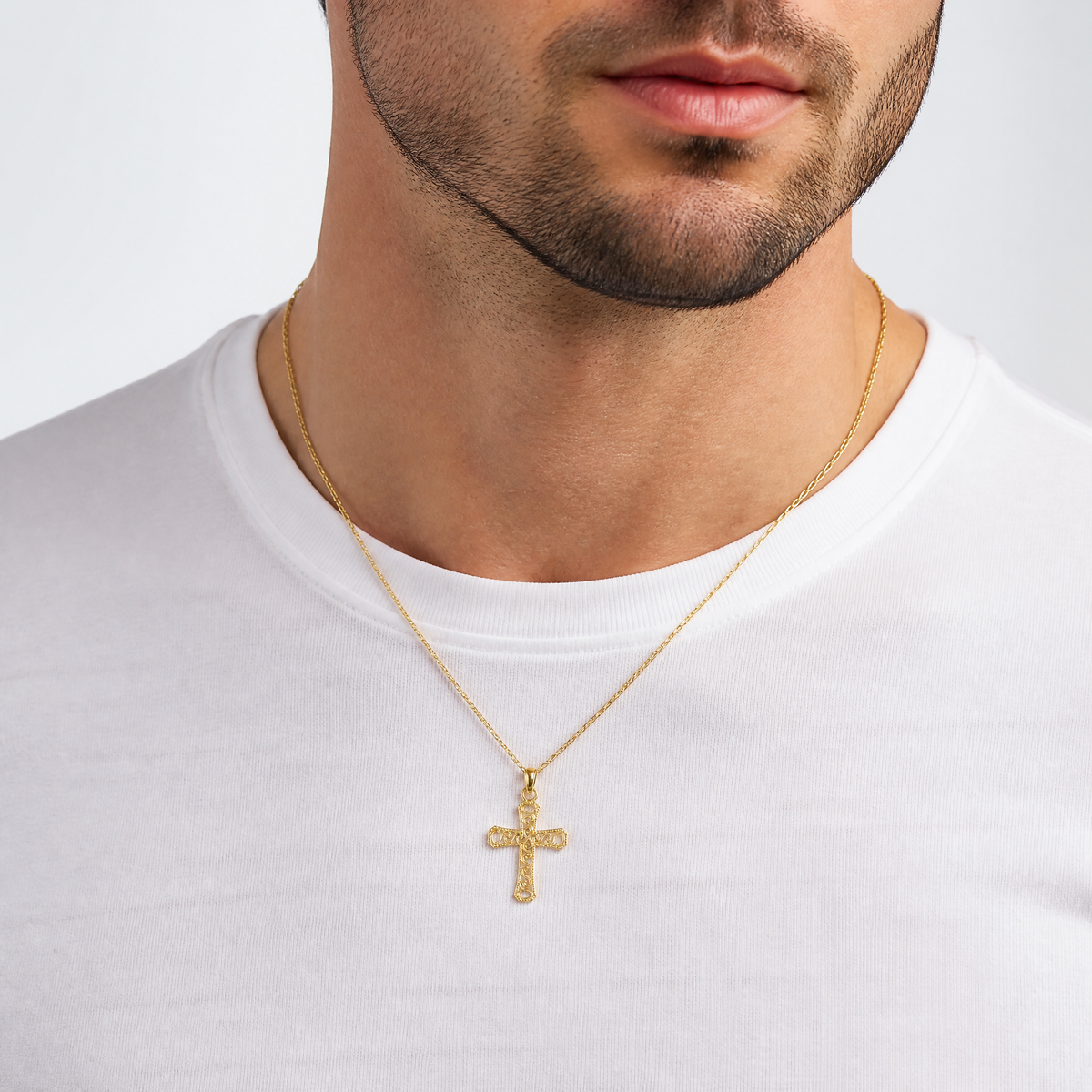 14k Fancy Cross Pendant - Model Shot