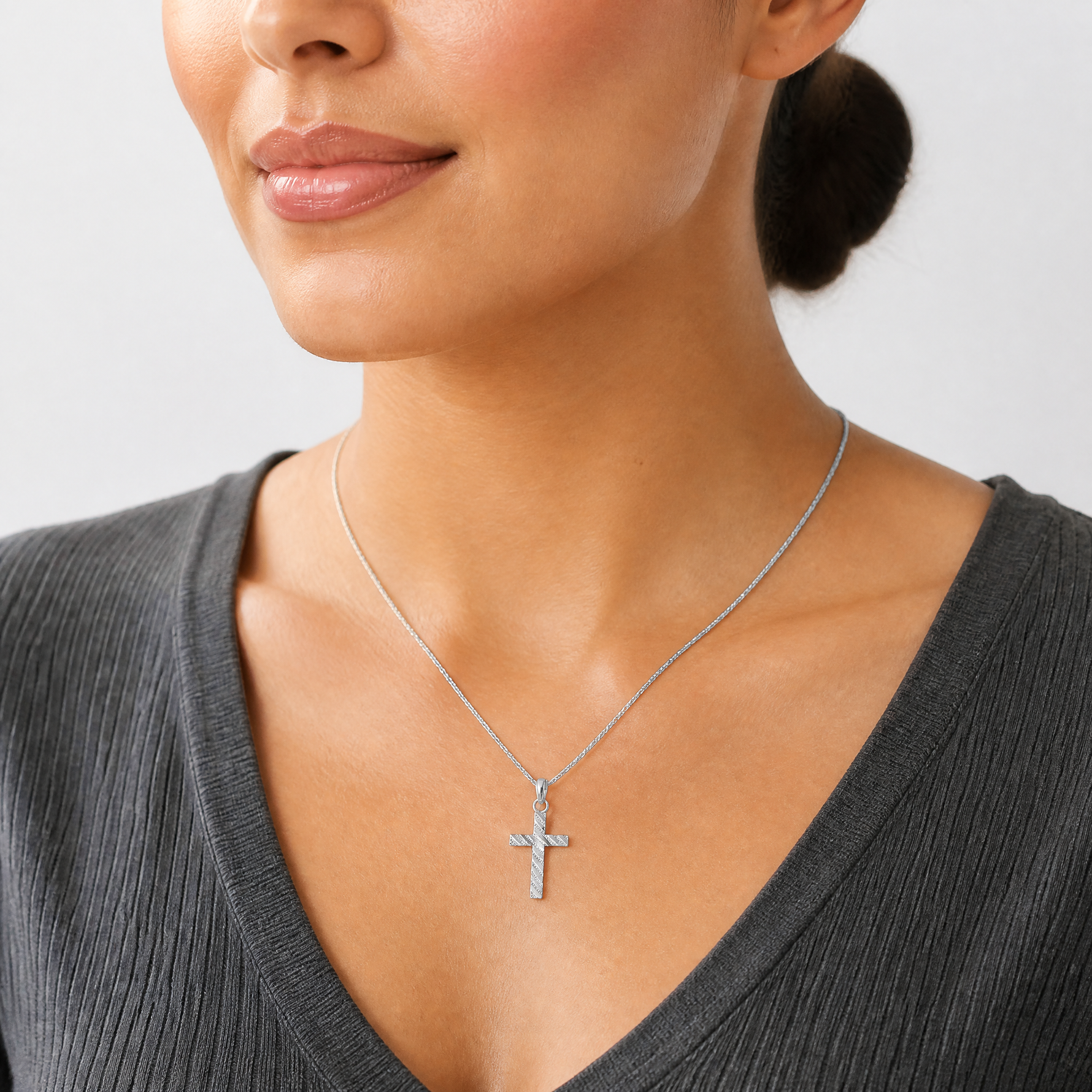 14k White Gold D/C Cross Pendant - Model Shot