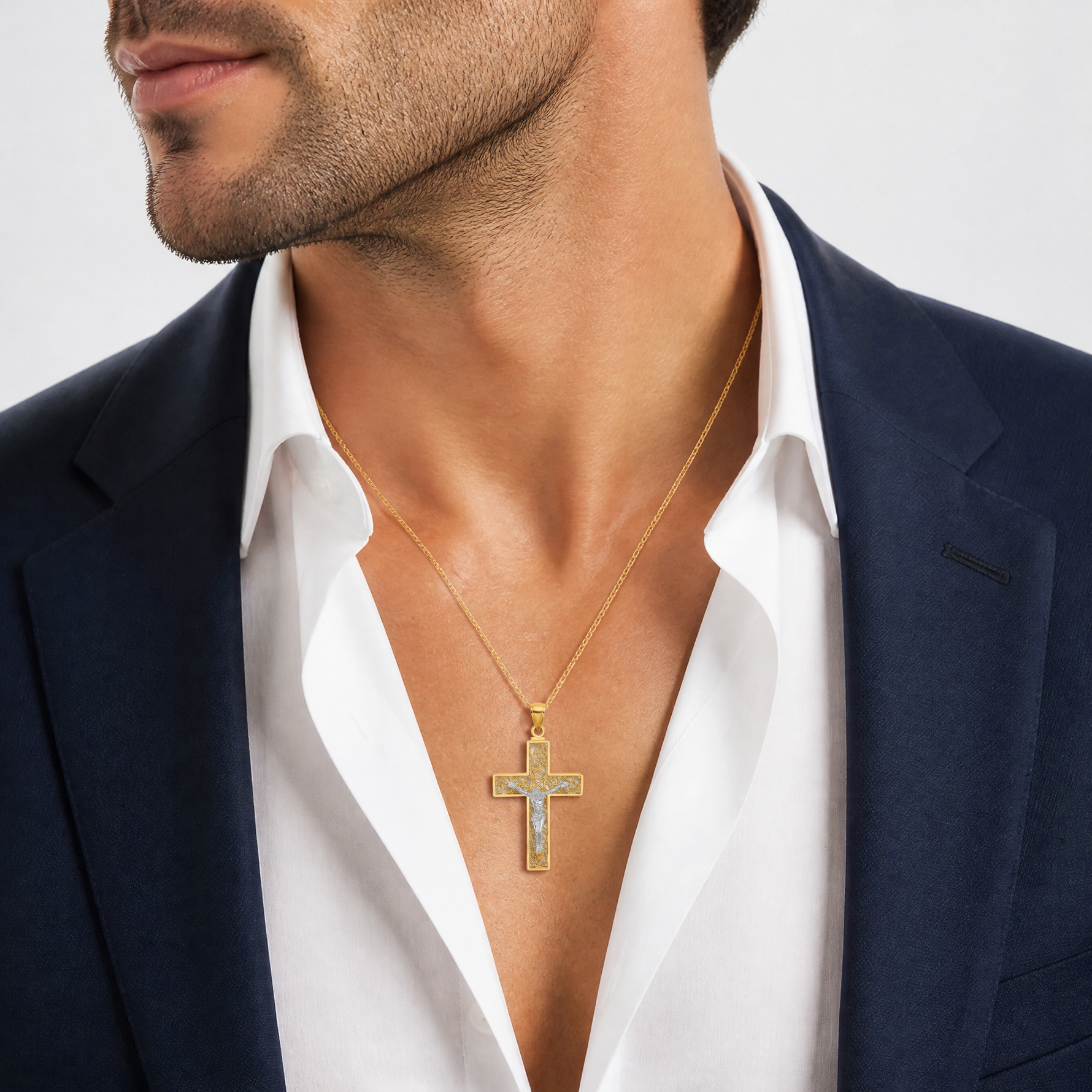14k Two-tone Crucifix Pendant - Model Shot