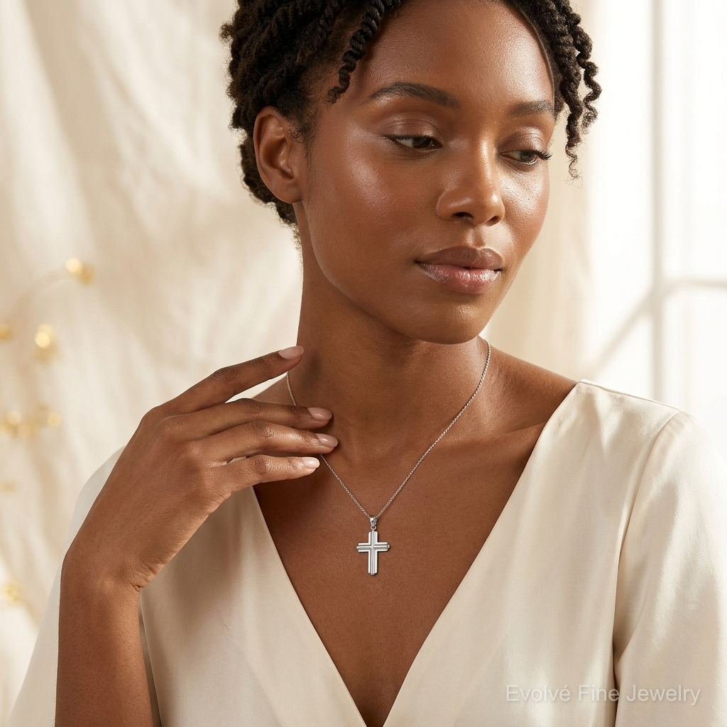 14k White Gold Beveled Cross Charm - Model Shot